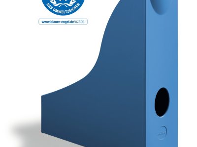 dispensador de folletos reciclado azul