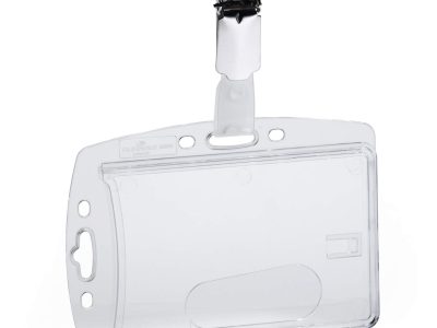 identificador rigido con pinza para tarjetas transparente