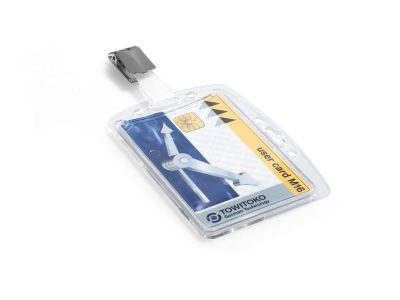 identificador rigido con pinza para tarjetas transparente